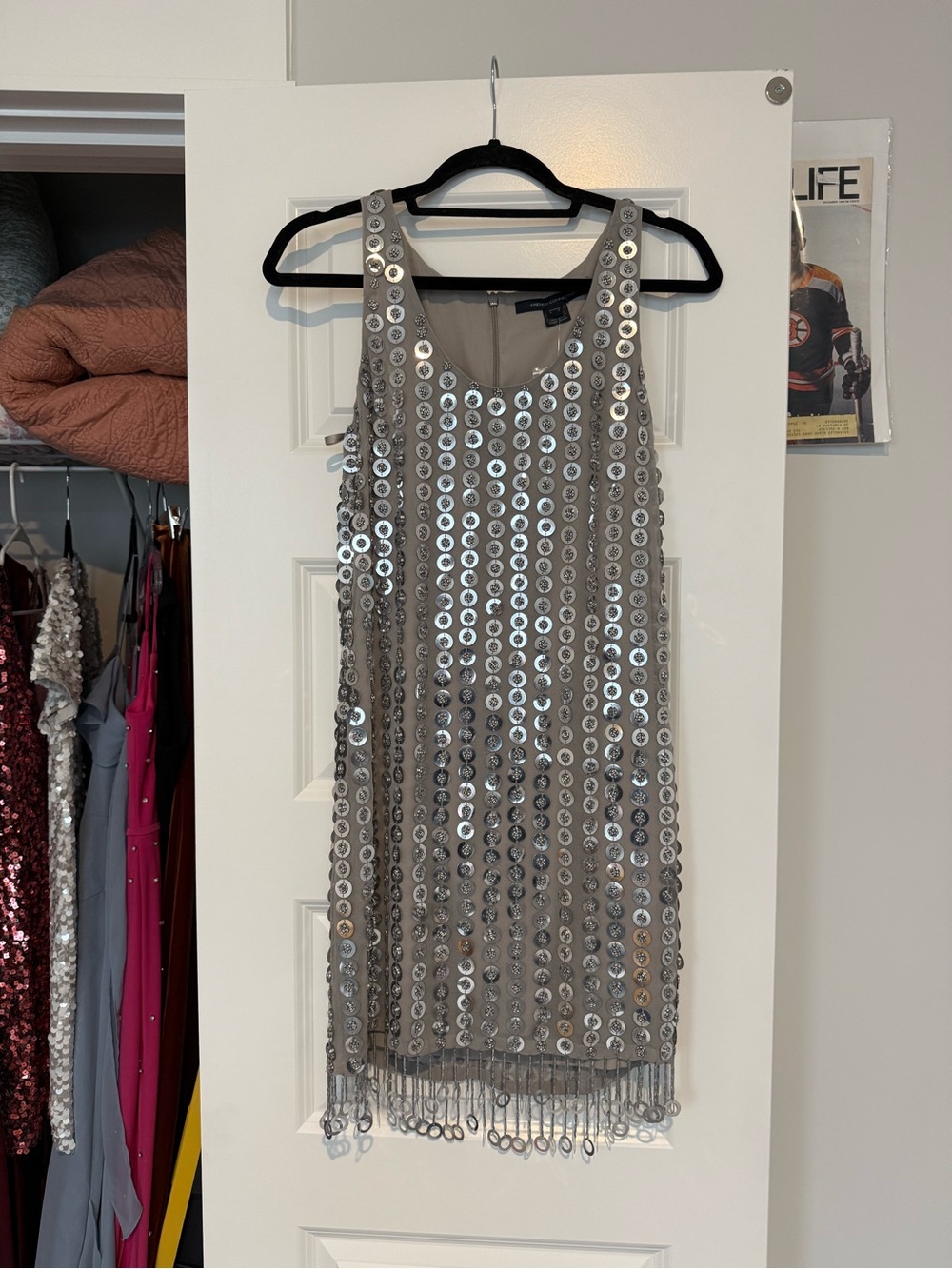 French Connection Silver Sequin Fringe Shift Dress